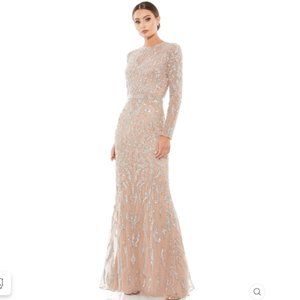 Mac Duggal Nude Beaded Long-Sleeve Maxi Gown